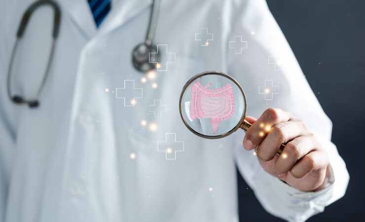 A physician with a magnifying glass on the digestive tract depicting a problem with Leaky Gut, which can be treated at Maumee Integrated Health